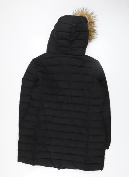 Superdry Women's Black Long Puffer Coat Hooded Faux Fur Lined Size 16