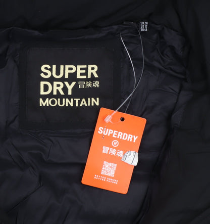 Superdry Women's Black Long Puffer Coat Hooded Faux Fur Lined Size 16