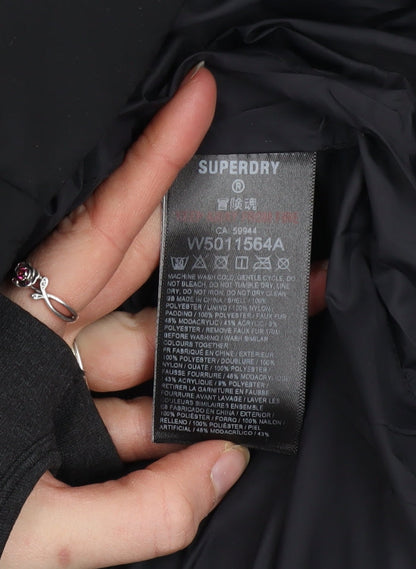 Superdry Women's Black Long Puffer Coat Hooded Faux Fur Lined Size 16