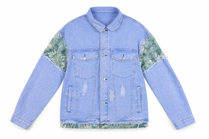 SHEIN Women's Blue Floral Patch Denim Jacket L Casual Distressed