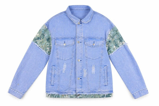 SHEIN Women's Blue Floral Patch Denim Jacket L Casual Distressed