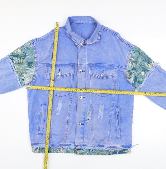 SHEIN Women's Blue Floral Patch Denim Jacket L Casual Distressed