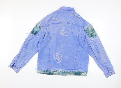 SHEIN Women's Blue Floral Patch Denim Jacket L Casual Distressed