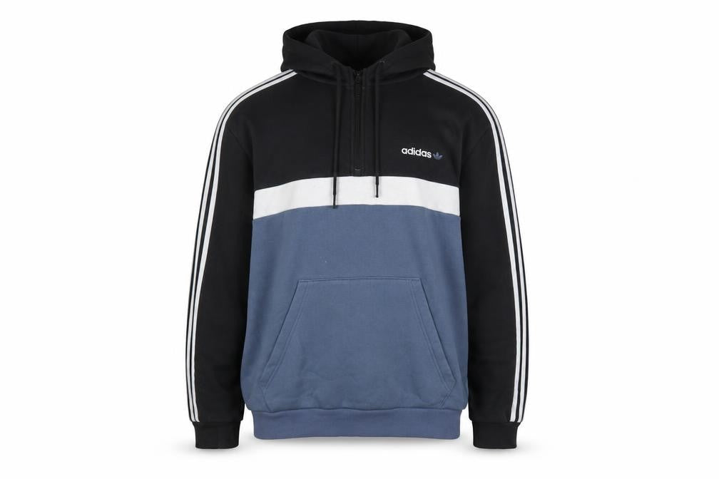Front view of Adidas Men’s Blue & Black 1/2 Zip Hoodie, size L, Sports Style