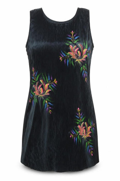 Tropical Batik Womens Black Floral Embroidered Rayon Tunic Tank Top One Size