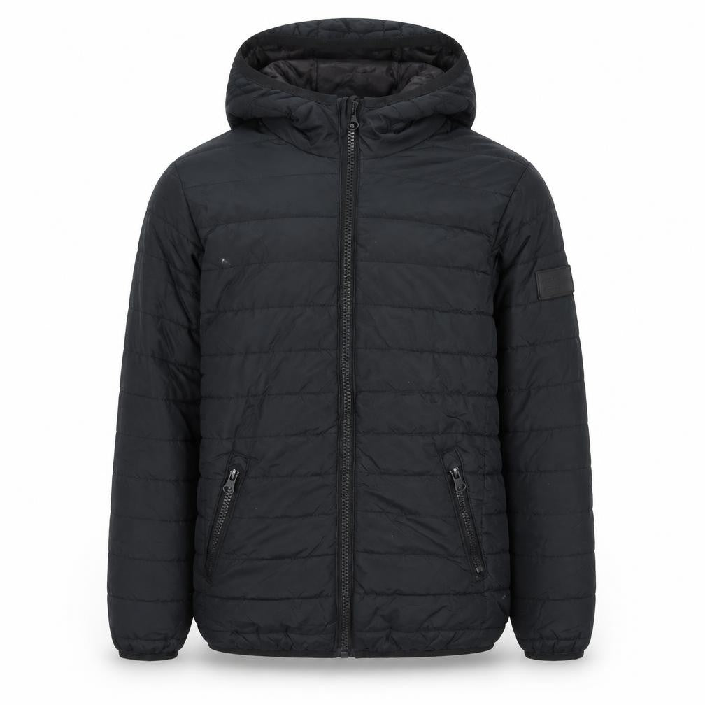Front view of Jack & Jones boys’ black hooded puffer jacket, size 8, years winter coat