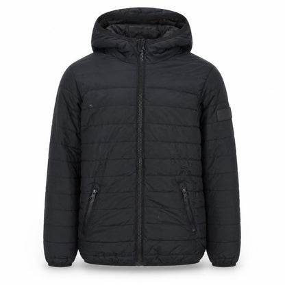 Front view of Jack & Jones boys’ black hooded puffer jacket, size 8, years winter coat