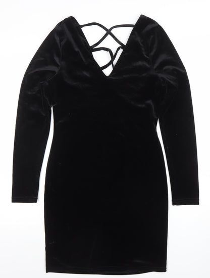 Primark Women Black Velvet Long Sleeve Bodycon Dress Size 10