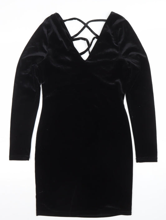 Primark Women Black Velvet Long Sleeve Bodycon Dress Size 10