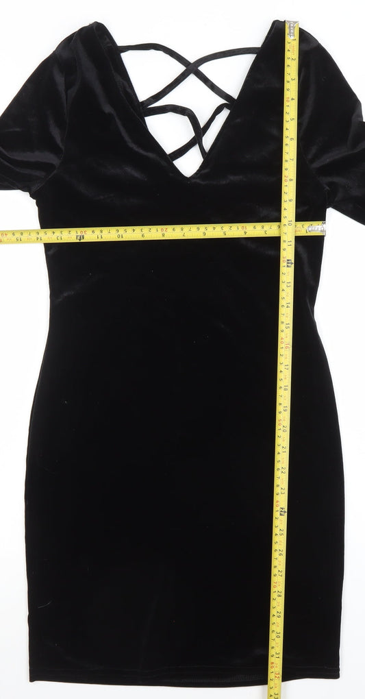Primark Women Black Velvet Long Sleeve Bodycon Dress Size 10