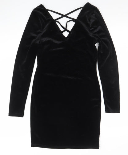 Primark Women Black Velvet Long Sleeve Bodycon Dress Size 10