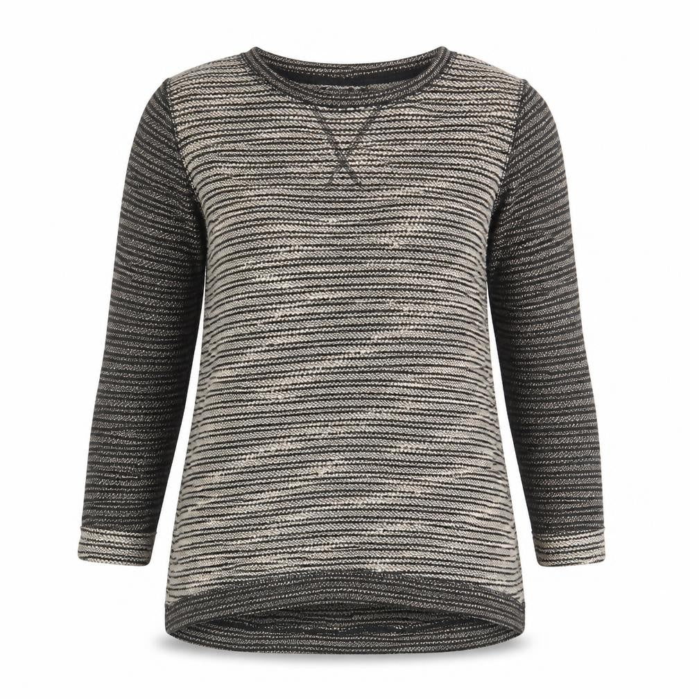 Front view of Dunnes Women Black Striped Boat Neck 3/4 Sleeve jumper, size S