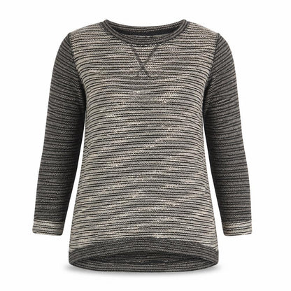 Front view of Dunnes Women Black Striped Boat Neck 3/4 Sleeve jumper, size S