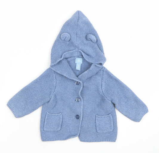 babyGap Blue Hooded Knit Cardigan 3-6 Months Unisex Baby Cotton Jumper