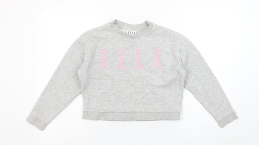 ELLE Girls Grey Pullover Logo Sweatshirt Size 8 Years Crew Neck Cotton Blend