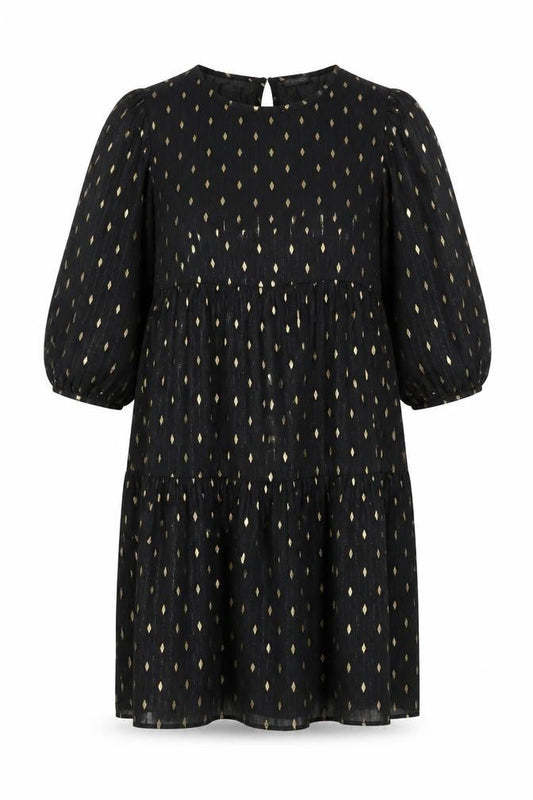 Front view of Dunnes Women Black Gold Metallic Shift Dress, size L, 3/4 Sleeve