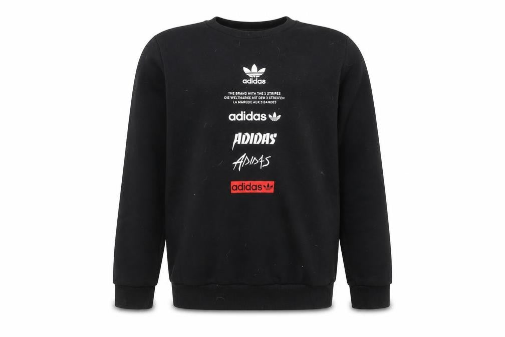 Front view of Adidas boys’ black crew neck fleece sweatshirt 11-12 years pullover logo