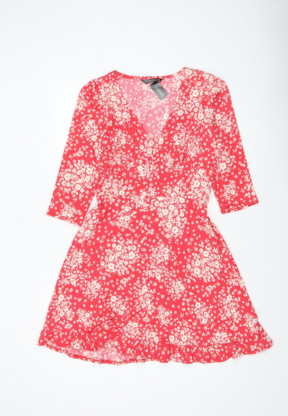 Dunnes Women Red Floral Wrap Dress Size 10 Short Ruched Ruffle Hem