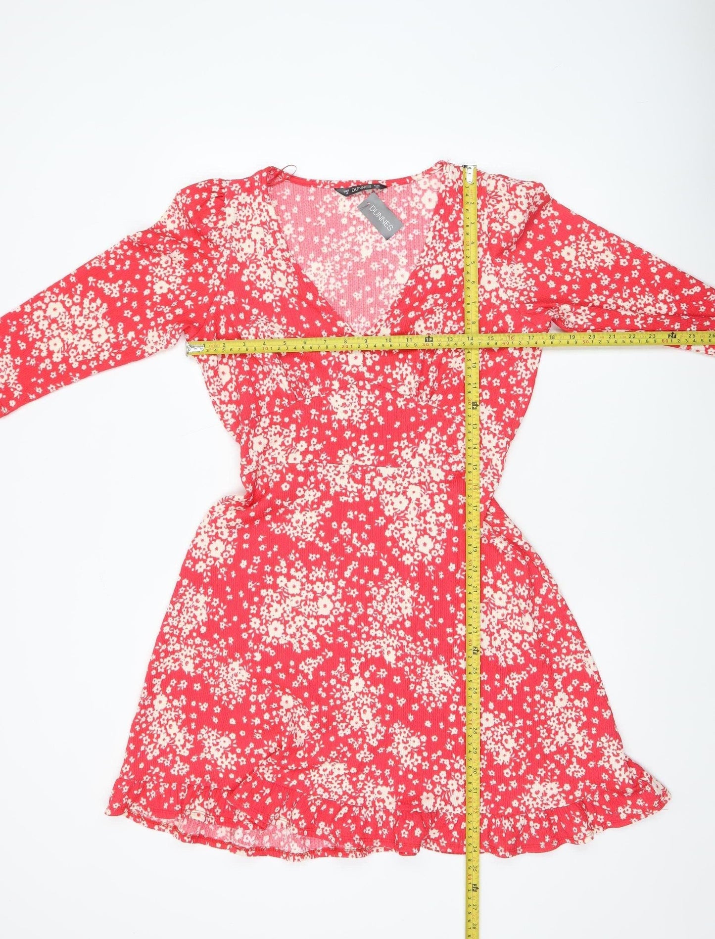 Dunnes Women Red Floral Wrap Dress Size 10 Short Ruched Ruffle Hem