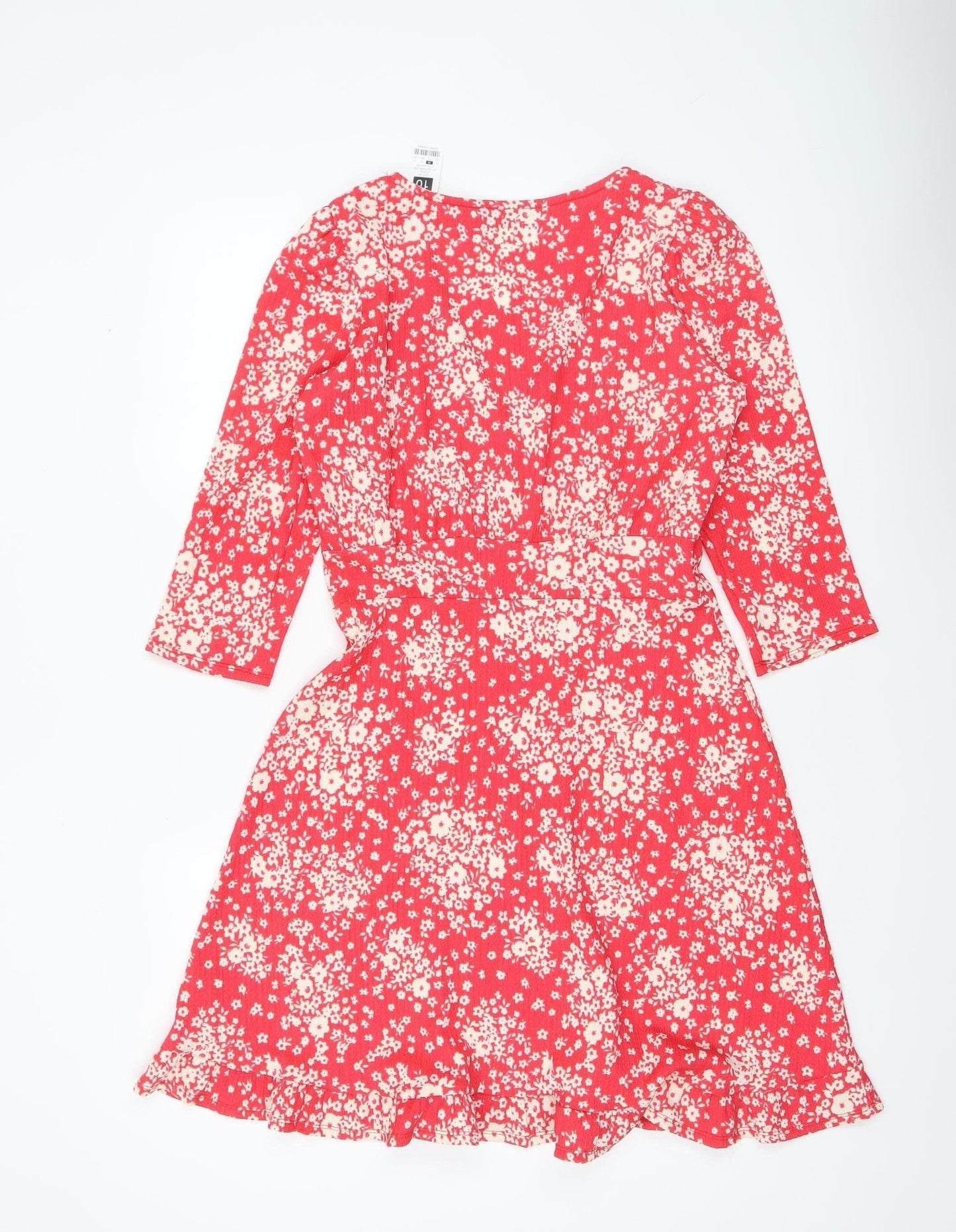 Dunnes Women Red Floral Wrap Dress Size 10 Short Ruched Ruffle Hem