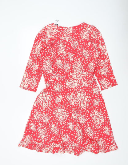Dunnes Women Red Floral Wrap Dress Size 10 Short Ruched Ruffle Hem
