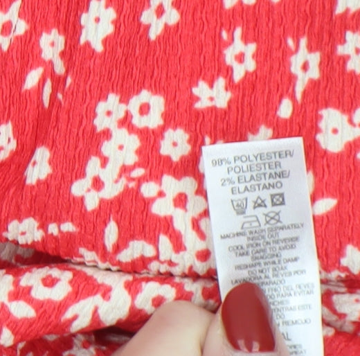 Dunnes Women Red Floral Wrap Dress Size 10 Short Ruched Ruffle Hem