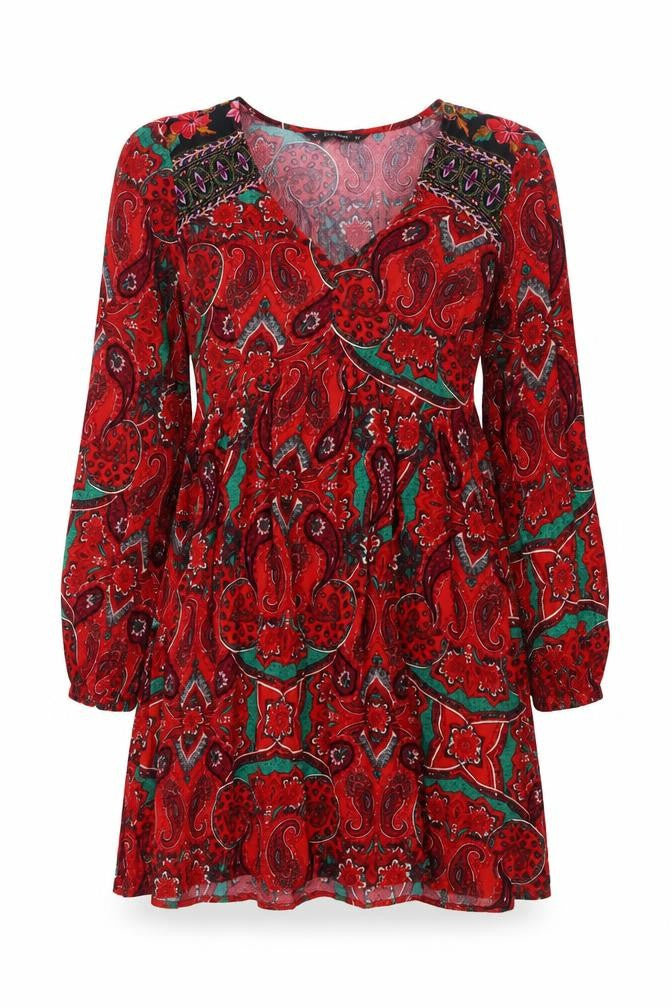 Front view of Dunnes Women Red Paisley Bohemian V-Neck A-Line Short Dress, size S