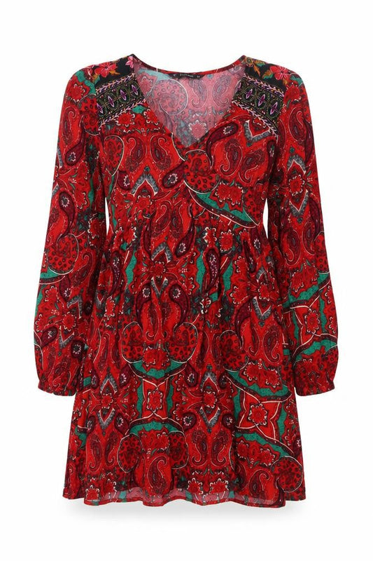 Front view of Dunnes Women Red Paisley Bohemian V-Neck A-Line Short Dress, size S