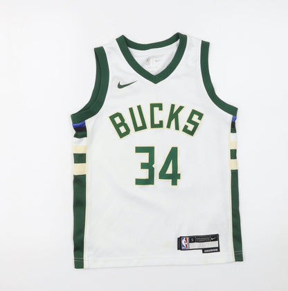 Nike Boys White Basketball Tank Jersey Small 140-150cm Dri-FIT NBA Bucks