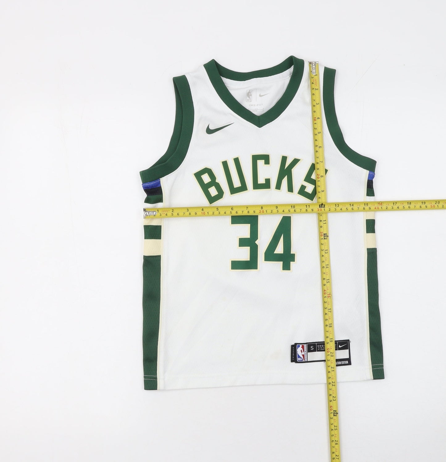 Nike Boys White Basketball Tank Jersey Small 140-150cm Dri-FIT NBA Bucks