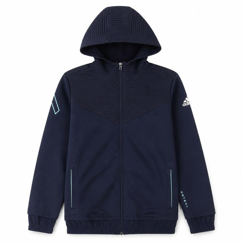 Front view of Adidas boys’ blue full zip hoodie, size 13-14, years l sports sweatshirt