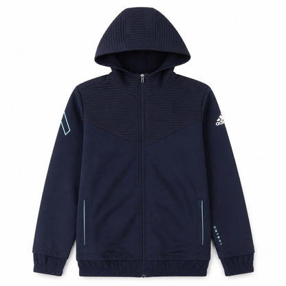 Front view of Adidas boys’ blue full zip hoodie, size 13-14, years l sports sweatshirt