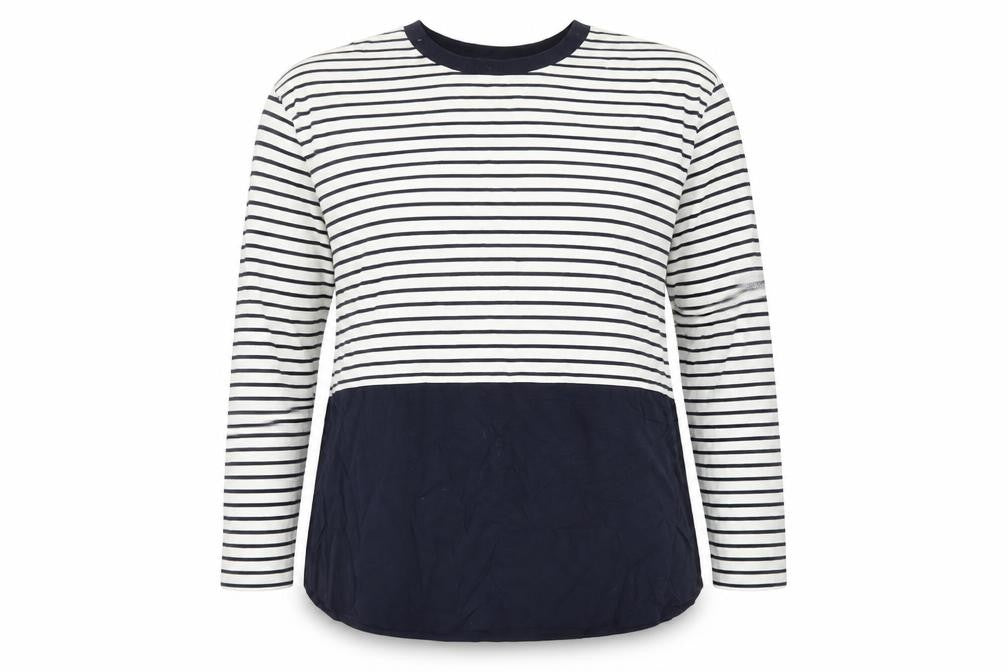 Front view of Gallery Women’s Blue Striped Long Sleeve Cotton Modal Nautical T-Shirt XL