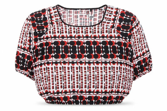 Front view of Gerard women’s multicoloured geometric blouse, size UK 14, short sleeve