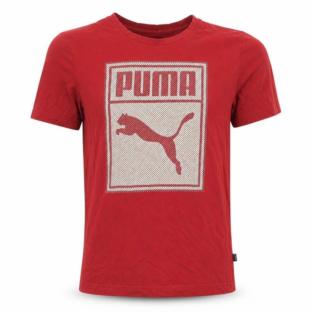Front view of Puma Men's Red Graphic Logo Crew Neck Short Sleeve T-Shirt, size S