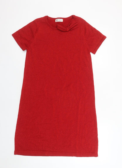 H&M Girls Red Bow Knit Shift Dress 13-14 Years Short Sleeve