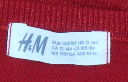 H&M Girls Red Bow Knit Shift Dress 13-14 Years Short Sleeve