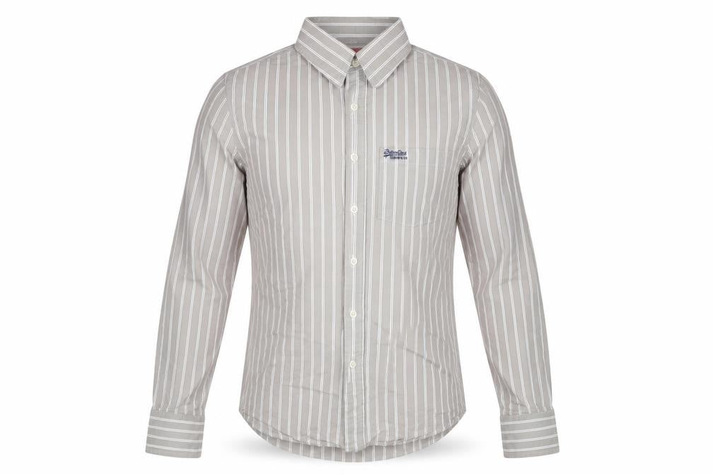 Superdry Men's Grey Striped Button-Up Shirt Medium Cotton Long Sleeve