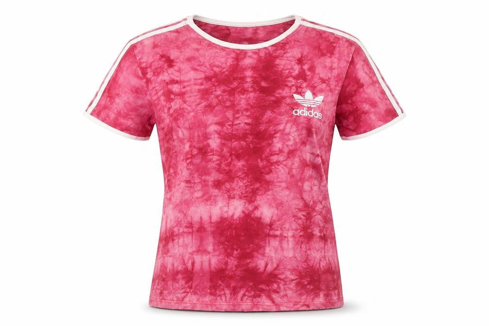 Front view of Adidas women’s pink tie-dye cotton short sleeve t-shirt, size S