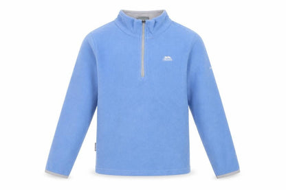 Front view of Trespass girls’ blue fleece 1/4 zip pullover sweatshirt 7-8 years