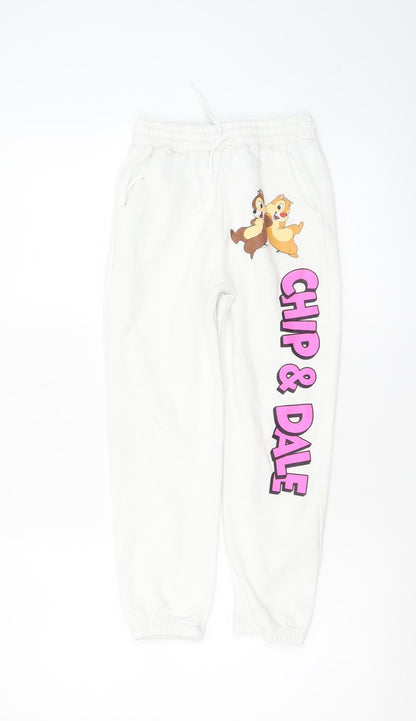 Girls UK Size 7-8 Years Disney Regular Fit Jogger White Trousers