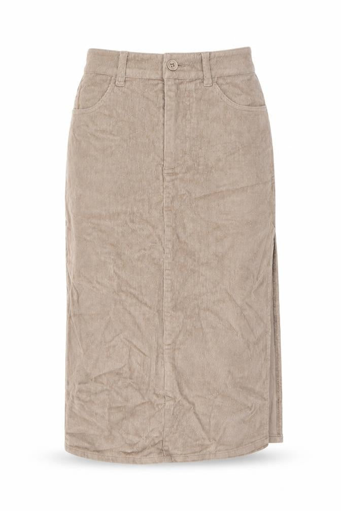 Front view of ASOS Women’s Beige Corduroy Midi Pencil Skirt, size UK 6, High Waist