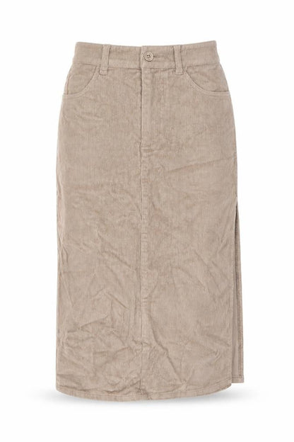 Front view of ASOS Women’s Beige Corduroy Midi Pencil Skirt, size UK 6, High Waist