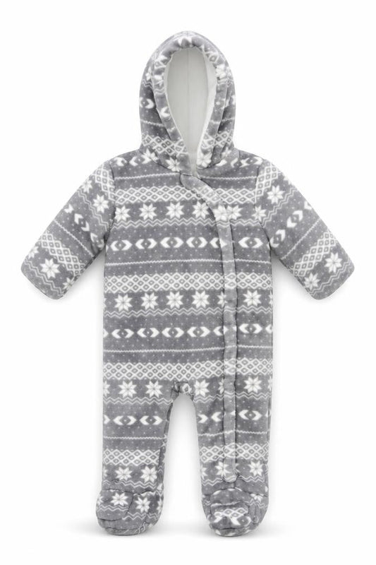 F&F Baby Unisex Grey Fair Isle Fleece Hooded Babygrow 6-9 Months Winter Warm Zip