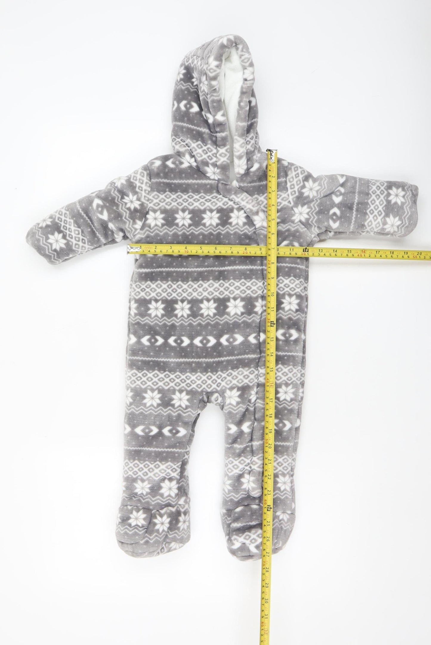 F&F Baby Unisex Grey Fair Isle Fleece Hooded Babygrow 6-9 Months Winter Warm Zip