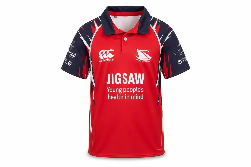 Front view of Canterbury boys’ red rugby polo shirt 8 years jigsaw design