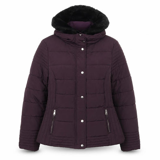 Front view of Dunnes women’s purple faux fur collar puffer jacket, size UK 14