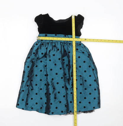 F&F Girls Blue & Black Polka Dot Fit & Flare Party Dress 4-5 Years Velvet Bow