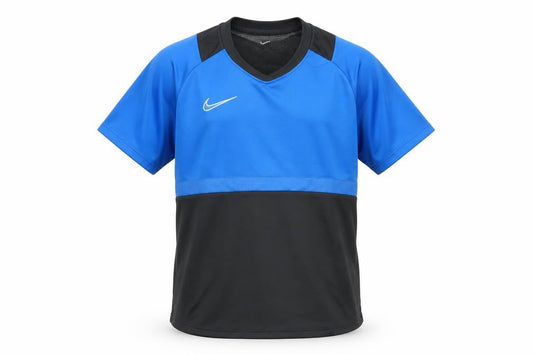 Front view of Nike boys’ blue black dri-fit short sleeve athletic t-shirt, size S