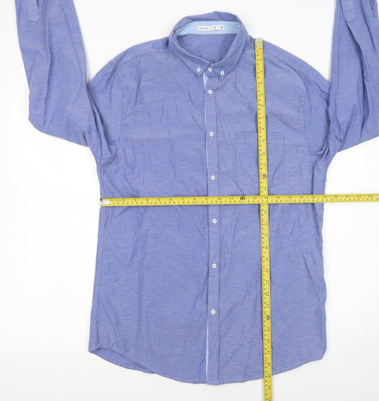Bershka Men's Blue Regular Fit Button-Down Long Sleeve Casual Shirt Size L